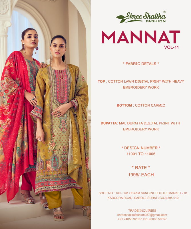 Mannat Vol 11 By Shree Shalika Printed Lawn Cotton Dress Material Wholesale Shop In Surat
